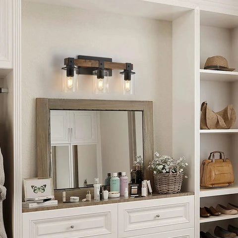 Farmhouse Vanity Light Fixture 3-Light Wall Sconce For Bathroom Over Mirror With Clear Glass Shades, Rustic Vintage Wood And Black Matte Metal Design, Antique Wood Finish, Farmhouse Chic Lighting For That Cozy Vibe