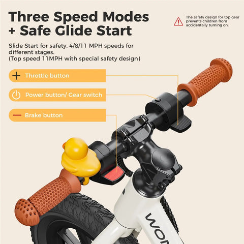 Electric Balance Bike for Kids Ages 3 to 5, 150W Motor, 3 Safe Speed Modes 4MPH 8MPH 11MPH, Easy Start System, Kid Friendly Ride On with Knee, Wrist and Elbow Pads, Perfect Toddler Starter Bike handlebar controls with throttle, brake and power button