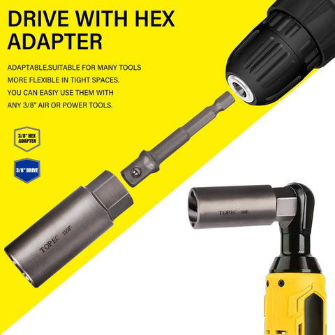 3/8 inch hex adapter for power tools, suitable for use with 5 Piece Spiral Deep Extractor Set For Removing Stuck And Broken Bolts Studs.