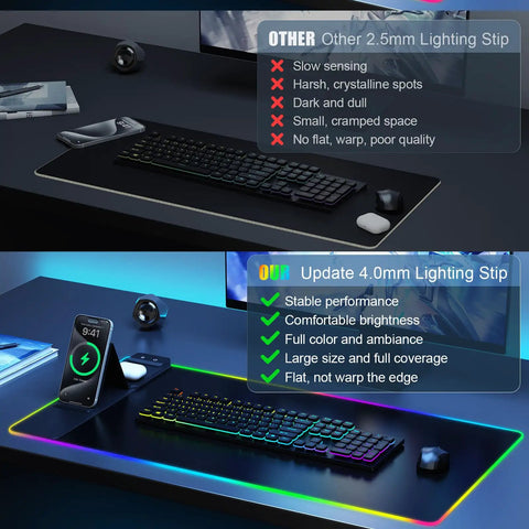 Comparison of a 2.5mm and 4.0mm illuminated wireless charging desk pad with built-in mouse pad, phone holder, and RGB lighting.