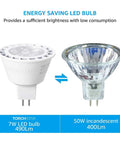 Comparison of 7W MR16 LED Bulb Dimmable 490Lm with 50W incandescent, showcasing energy efficiency and brightness differences.
