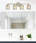 4 Light Bathroom Vanity Light In Brushed Nickel With Cylinder Crystal Shades Modern Wall Lights Over Mirror K9 Crystal Finishes