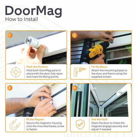 Heavy Duty Magnetic Bifold Door Catch Holder With Strong Magnet Stopper installation steps showing mounting and fitting process.