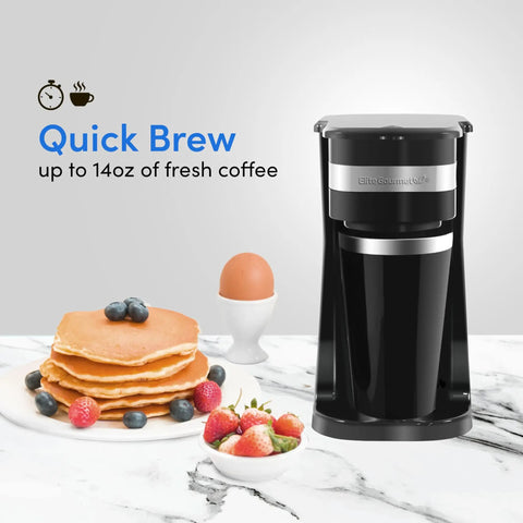 Single Serve Coffee Maker With Travel Mug, Fast Brew In Under 60 Seconds, Compact Design, Black, next to breakfast setup