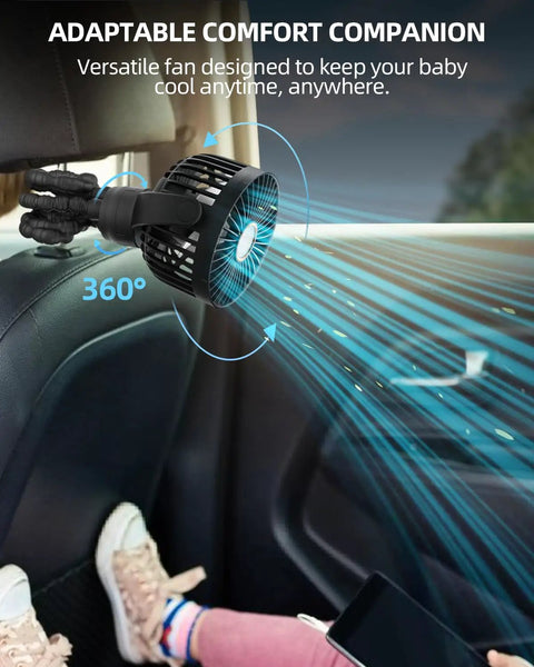 Portable Stroller Mini Fan For On The Go Moms And Dads Rechargeable Personal Cooling Fan With 360 Degree Rotatable Head shown in a car
