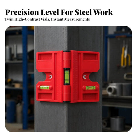 Accurate Level with Steel-Gripping, Yellow, mounted on steel, featuring twin vials for instant measurements.