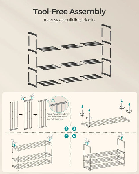 Assembly instructions for 3 Tier Metal Shoe Rack Organizer For Entryway Space Saving Stackable And Flexible Use Upright Or Upside Down
