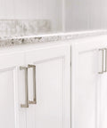 10 Pack Matte Black Door And Drawer Pulls, Four Inch Center To Center Cabinet Hardware For Kitchen And Bath installed on white cabinets