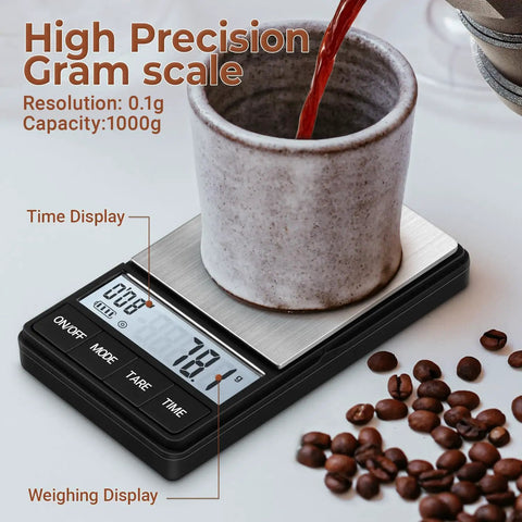 Digital Coffee Scale With Timer For Espresso, 1000g By 0.1g Precision displaying weight of coffee mug with beans