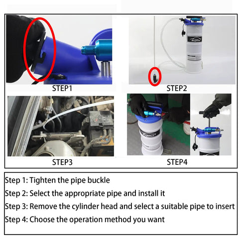 Pneumatic And Manual Oil Extractor Pump With 6.5 Liter Capacity Vacuum Evacuation tutorial steps showing installation process.
