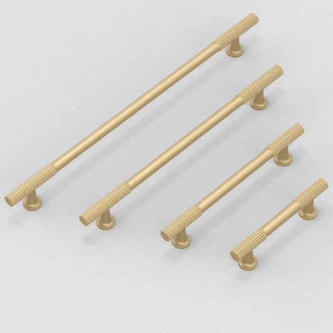 Five Pack Brushed Gold Cabinet Pulls Five Inch Kitchen Cabinet Handles Hardware For Drawers And Cabinets, displayed in various sizes.
