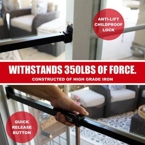 Heavy Duty Sliding Door Security Bar With Child Proof Anti Lift Lock And No Sweat Setup For Adjustable Patio And Window Defense Up To Fifty One Inches Black Steel Bar installed in sliding door, showcasing anti-lift lock mechanism.