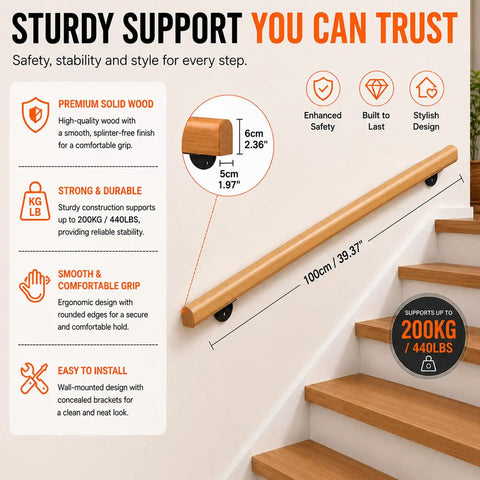 Real Deal Pine Wood Stair Handrail With Smooth As Butter Grip And Rock Solid Metal Brackets Guaranteed Indoor Guardrail Kit, 100cm long.