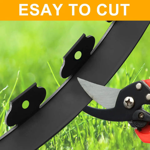 Close-up of 33Ft Landscape Edging Kit With Four Inch High Paver Border Edging showing easy cutting with scissors, black.