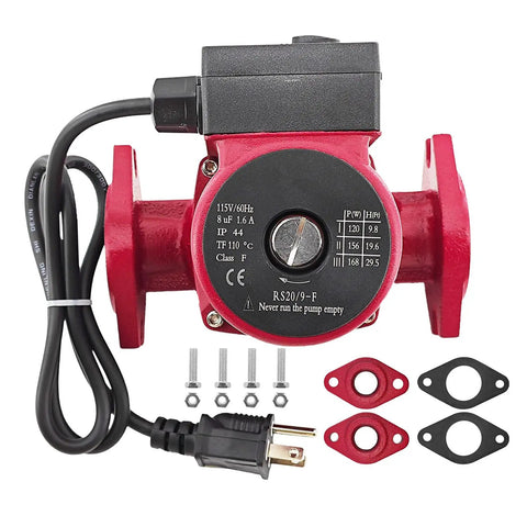 Rock Solid Three Speed Circulator Pump For Home Heating Systems With 115 Volt Motor And Cast Iron Housing, red body with wiring and gaskets.