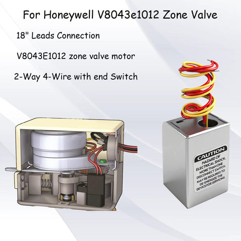 Front view: Honeywell V8043e1012 zone valve motor with 18in leads and end switch
