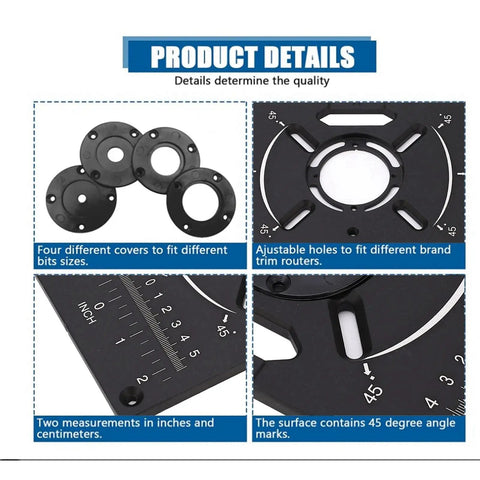 Top Grade Aluminum Router Table Insert Plate With Four Butter Smooth Trim Rings And Dual Inch Metric Scale For Zero Fuss Woodworking DIY showing adjustable holes and trim rings.