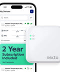 Cellular Temperature Monitor With 4G LTE And Humidity Sensor Remote Power Failure Alarm Unlimited Alerts For RV Vacation Home Pet Safety Or Server Room 2 Years Of Service Included No Fees Or WiFi Needed displayed with smartphone app interface and subscription details.