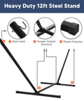 Portable Outdoor Hammock With Stand And Carrying Bag Heavy Duty Camping Hammock With Soft Pillow Stable Balance Ropes Durable Two Layer Quilted Polyester Non Fading Comfort Dark Blue For Chill Sessions Outdoors showing heavy duty 12ft steel stand with steel hook, powder coated structure, and plastic protector.