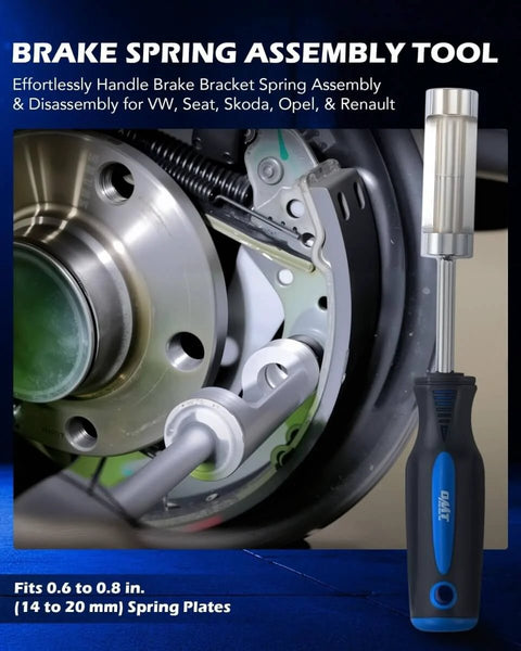Pro Grade 15 Piece Drum And Disc Brake Tool Kit With Brake Spring Pliers Caliper Brushes And Drum Brake Spring Tool shown in use