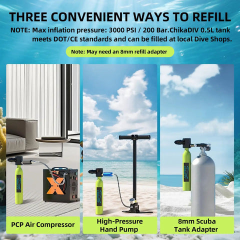 Three refill options for Compact 0.5L Mini Scuba Tank Portable Reusable Underwater Breathing Pony Bottle With DOT Certification