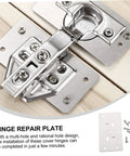 6 Pack Cabinet Hinge Repair Plates Durable Corner Hinge Plates installed on wood surface showcasing screws and multi-hole design