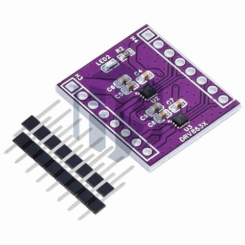 DC H Bridge Motor Driver Module For One And Two Channel Systems, 1.8A Output, Dope Stepper And DC Motor Controller Board For Arduino And Robotics, Plug And Play, Compact Durable Design For Projects. Purple DRV8837 PCB module with pin headers