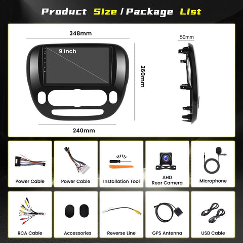 Android 15 Car Stereo Upgrade For Kia Soul 2014 2015 2016 2017 With 9 Inch Touchscreen Dope Head Unit Wireless CarPlay Android Auto GPS WiFi Bluetooth SWC Mirror Link Backup Camera FM EQ Manual Climate Control package contents and dimensions.