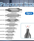 7 Piece Center Drill Set With 60 Degree Countersink Bits size guide highlighting 8 pcs with M2 high speed steel for precise pilot holes.