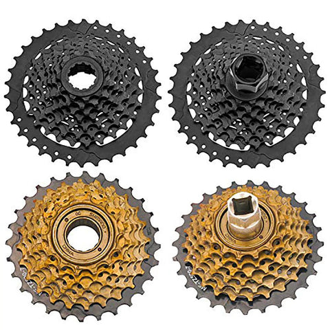 Two black and two gold sprockets for Bike Chain Whip Tool Kit Universal For Cassette And Tourney with Pro Grade Upgrade Sprocket Remover Tool.