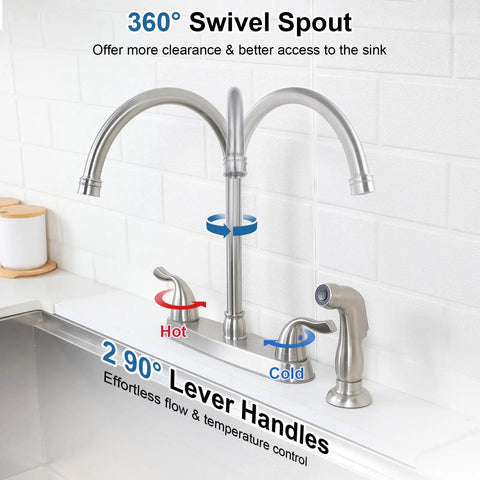 High Arc Kitchen Faucet With Side Sprayer 13 Inch Tall Spout 360 Degree Rotating Two Handle 8 Inch Centerset Brushed Nickel Finish