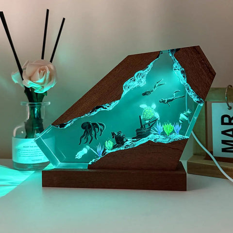 Cool Octopus Resin Lamp With Wooden Base Handcrafted Ocean Night Light RGB Color Changing Ambient Lamp For Bedroom Decor