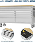 61 Inch Nine Drawer Rolling Tool Chest With Locking System Mobile Tool Storage Cabinet Heavy Duty Steel Construction Solid Wood Top durable powder-coated silver cabinet with 9 drawers and casters