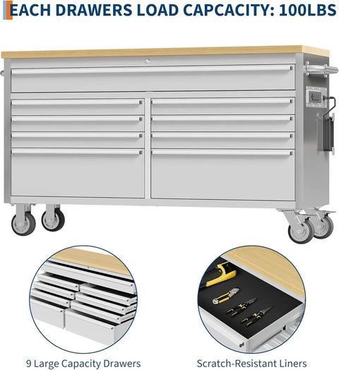 61 Inch Nine Drawer Rolling Tool Chest With Locking System Mobile Tool Storage Cabinet Heavy Duty Steel Construction Solid Wood Top durable powder-coated silver cabinet with 9 drawers and casters