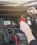 Beefy Digital Multimeter With Case For Home DIY And Auto Troubleshooting, displayed measuring car battery voltage.
