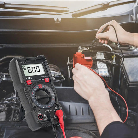 Beefy Digital Multimeter With Case For Home DIY And Auto Troubleshooting, displayed measuring car battery voltage.