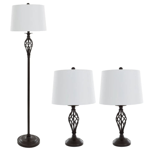 Three Piece Spiral Cage Floor And Table Lamps Set In Oil Rubbed Bronze With LED Bulbs Included For Living Room Bedroom And Entryway Open Frame Modern Glow For A Warm Cohesive Home Ambiance