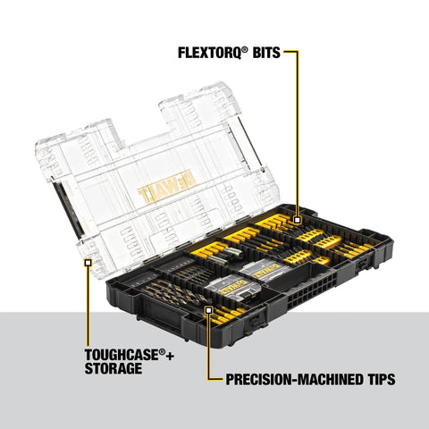 FlexTorq 100 Piece Impact Driver Bit Set With Beefed Up Magnetic Screw Lock Sleeve Clear Lid Case CNC Machined Bits Durable Uncoated Steel