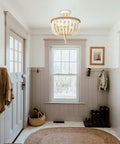 Boho Birch Wood Beaded Chandelier Flush Mount Ceiling Light with Rustic Charm in entryway, 13 inch 2 light fixture, white farmhouse style