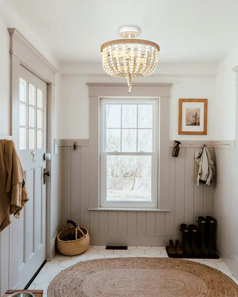 Boho Birch Wood Beaded Chandelier Flush Mount Ceiling Light with Rustic Charm in entryway, 13 inch 2 light fixture, white farmhouse style