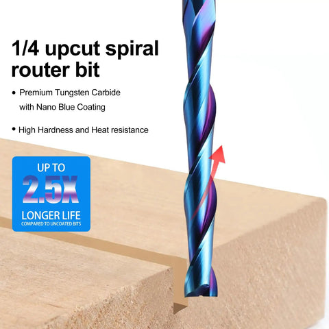 Extra Long Up Cut CNC Spiral Router Bits Set, One Quarter Inch Shank, Two Inch Cutting Length, Nano Blue Coating in use