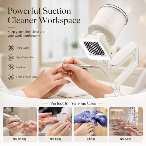 Top Tier Heavy Duty Nail Dust Collector With Crisp Led Lamp And Flexible Rotating Arm For Rapid Acrylic Sweep Ups And Clutter Free Salon Desk Setups Everyday in a stylish salon environment.