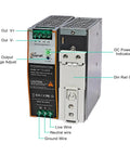 Heavy Duty 75W 12V DIN Rail Mount Power Supply showing terminal connections and DC power indicator for smooth operation.