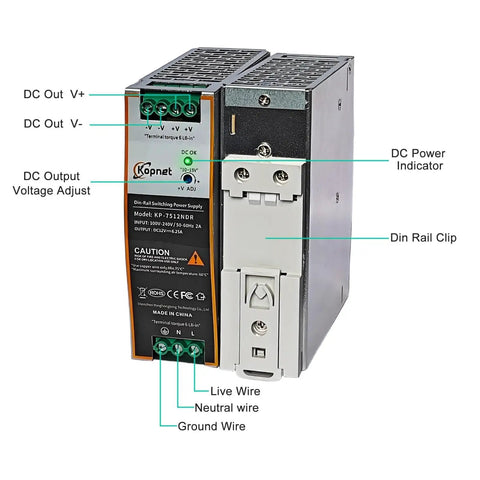 Heavy Duty 75W 12V DIN Rail Mount Power Supply showing terminal connections and DC power indicator for smooth operation.