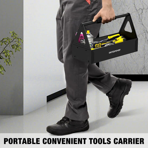 Person holding Grippy Handle Metal Tool Tray Portable Tote For Home Garage Warehouse And Shop Easy Tool Organization