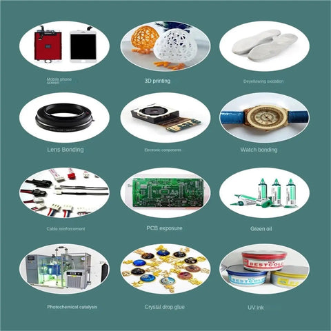 Heavy Duty No Mess Smooth Cure Uv Led Curing Lamp With 365nm 395nm 405nm Dials For Resin Crafts shown with various applications.