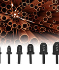 Top Quality 6 Piece Copper Pipe Swaging Drill Bit Set With Triangle Handle Tube Expander Tool Kit For Air Conditioning And Conduit Work Featuring 1/4, 3/8, 1/2, 5/8, 3/4, And 7/8 Inch Imperial Sizes Perfect For Pros shows six steel swage bits against a backdrop of copper pipes.