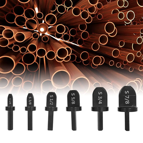 Top Quality 6 Piece Copper Pipe Swaging Drill Bit Set With Triangle Handle Tube Expander Tool Kit For Air Conditioning And Conduit Work Featuring 1/4, 3/8, 1/2, 5/8, 3/4, And 7/8 Inch Imperial Sizes Perfect For Pros shows six steel swage bits against a backdrop of copper pipes.