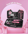 Compact 39 Piece Hand Tool Kit With Case For DIYers And Homeowners A Handy Starter Set For Home Repairs Wood Metal Craft And Mounting In A Portable Pink Tool Box, open view on pink background.