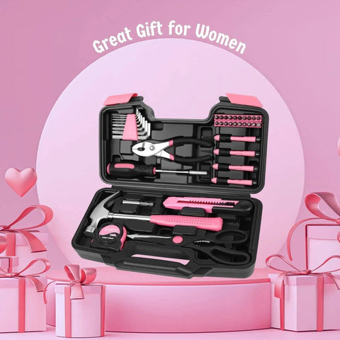 Compact 39 Piece Hand Tool Kit With Case For DIYers And Homeowners A Handy Starter Set For Home Repairs Wood Metal Craft And Mounting In A Portable Pink Tool Box, open view on pink background.